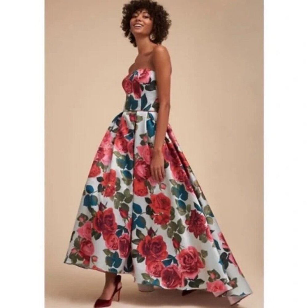 BHLDN Dress Luciana Rose Print Ball Gown Maxi Floral